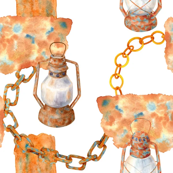 Aquarell alte rostige Lampen und Kette nahtlose Muster. Handgezeichnete alte Petroleumlaternen mit Kettengliedern auf weißem Hintergrund. Design für Karten, Halloween, Dekoration, Sammelalbum, Hintergrund. — Stockfoto