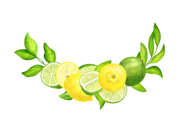 Acquerello limoni freschi, lime e foglie disposizione. Illustrazione botanica disegnata a mano di agrumi gialli e verdi isolati su fondo bianco. Composizione per design, arredamento, confezione, carte. — Foto Stock