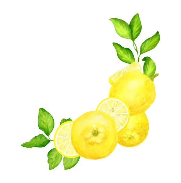 Acquerello succosi limoni e foglie disposizione. Angolo dipinto a mano composizione semicerchio di agrumi giallo isolato su sfondo bianco per biglietti di auguri, confezioni alimentari, inviti, poster. — Foto Stock