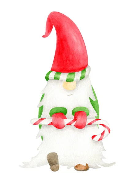 Watercolor Christmas gnome with candy cane. Hand drawn dancing elf. Nordic folklore character isolated on white background. Illustration for new year cards, xmas decoration, poster, print. — Stock Photo, Image