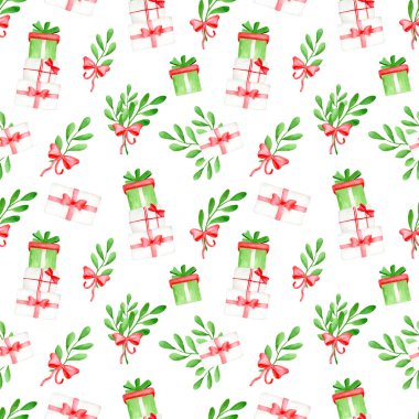 Ökseotu yapraklı suluboya Noel deseni, kurdeleli kurdele ve hediye kutuları. El boyalı kış çizimi ambalaj, paket tasarımı, kartlar, baskı için beyaz arkaplanda izole edilmiş.