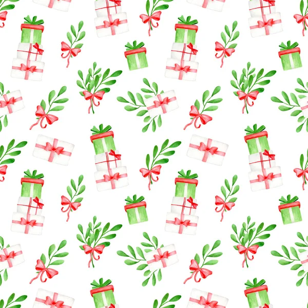 Watercolor Christmas seamless pattern with mistletoe leaves, ribbon with bow and gift boxes. Hand painted winter illustration isolated on white background for wrapping, package design, cards, print. — Stock Photo, Image