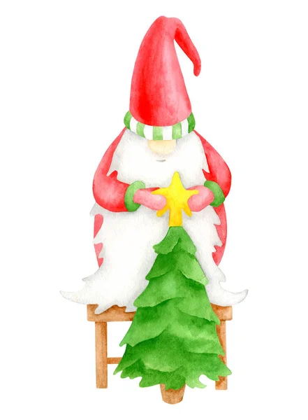Akwarela Christmas gnome z choinką i topper gwiazdy. Ręcznie rysowane dekoracje noworoczne. Nordycki charakter folkloru odizolowany na białym tle. Ilustracja do kart noworocznych, dekoracja świąteczna — Zdjęcie stockowe
