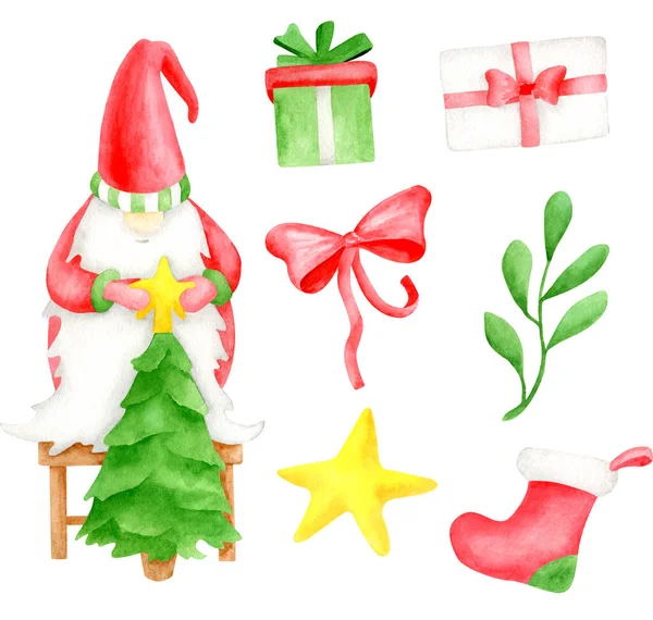 水彩画圣诞侏儒集。手绘北欧精灵，礼品盒，红弓，寄生叶，星星和圣诞袜作为礼物隔离在白色。贺卡、贴纸、平面设计的新年装饰. — 图库照片