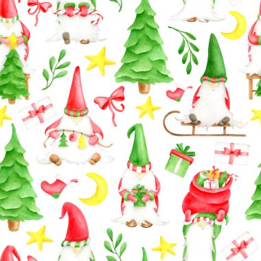 İskandinav cüceleriyle suluboya Noel desenleri. Elle çizilmiş İskandinav elfi, hediye kutusu, kırmızı fiyonk, ökseotu yaprakları, yıldız ve Noel çorabı beyaza izole edilmiş. Hoş komik yeni yıl dekorasyonu..