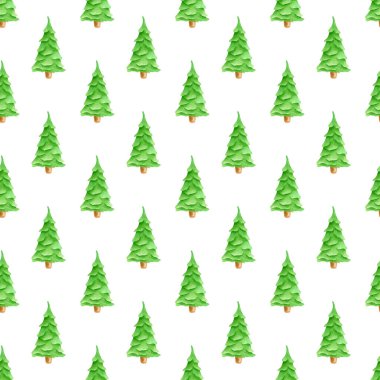 Şirin yeşil Noel ağaçlarıyla suluboya desenli. El boyaması köknar ağacı süsü beyaz arka planda izole edilmiş. Paket kağıdı için resim, yeni yıl kutlama tasarımı.