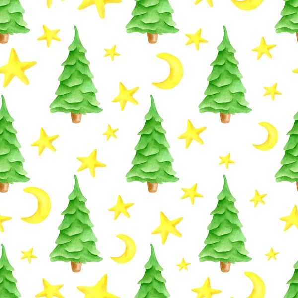 Aquarelle motif sans couture avec de mignons arbres de Noël verts, étoiles et demi-lune. Arbre de sapin feuillu dessiné à la main ornement isolé sur fond blanc. Illustration pour emballage, cartes, tissu. — Photo