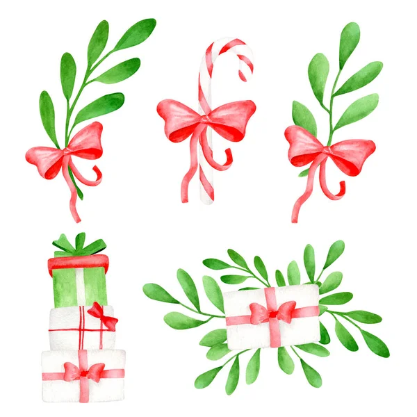 Watercolor Christmas clipart set with mistletoe leaves, candy cane, gift boxes and ribbon bow. Hand painted elements isolated on white for xmas and New year design, cards, stickers, print. — Stock Photo, Image