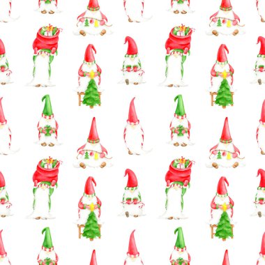 Suluboya Noel cüceleri kusursuz desen. Noel ağacı, hediye paketi ve hediye kutusu olan sevimli elfler. Geleneksel İskandinav kış karakterleri yeni yıl için beyaz zemin üzerinde izole edilmiş xmas dekoru.