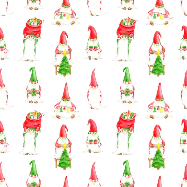 Patrón sin costuras gnomos de Navidad acuarela. Elfos lindos dibujados a mano con árbol de Navidad, bolsa de regalo, caja de regalo. Tradicionales personajes nórdicos de invierno aislados sobre fondo blanco para el nuevo año, decoración de Navidad. — Foto de Stock
