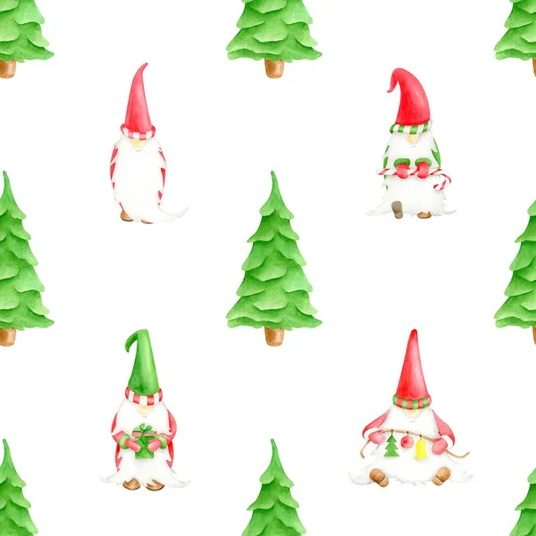 Hand drawn watercolor seamless pattern with Christmas gnomes and Christmas trees. Cute childish elf character and evergreen fir tree isolated on white background for wrapping, cards, xmas print. — Φωτογραφία Αρχείου