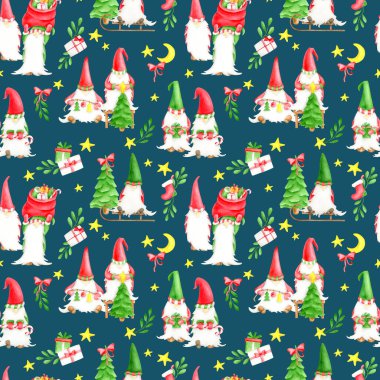 Noel cüceleriyle sulu boya desenleri. Yeni yılı kutlayan küçük elflerle el boyaması sihirli gece ormanı. Noel ağacı, kızak, yıldız, ay, ökseotu yaprakları ve hediyeler.