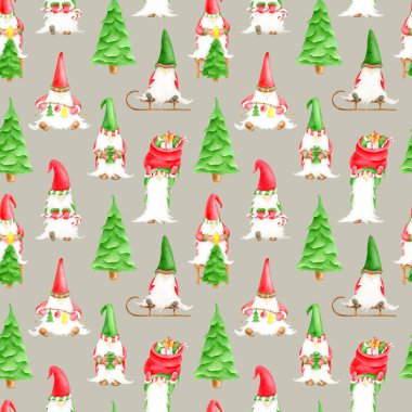 Noel cüceleriyle sulu boya desenleri. Noel ağacı, kızak ve şeker kamışlı güzel kış elfleri çizilmiş. Yeni yıl için beyaz arkaplanda izole edilmiş Scndinavian karakterleri, Noel, xmas.