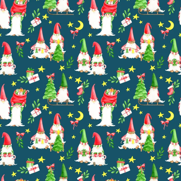 Watercolor seamless pattern with Christmas gnomes. Hand painted magic night forest background with little elves celebrating New year. Christmas tree, sleigh, star, moon, mistletoe leaves and gifts. — Stock Photo, Image