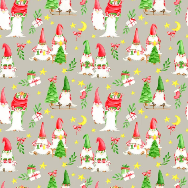 Υδατογραφία αδιάλειπτη μοτίβο με τα Χριστούγεννα gnomes. Χειροποίητο νεράιδα φόντο με μικρά ξωτικά γιορτάζει το νέο έτος. Χριστουγεννιάτικο δέντρο, έλκηθρο, αστέρι, φεγγάρι, φύλλα γκι και δώρα. — Φωτογραφία Αρχείου