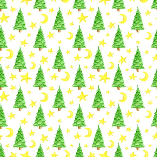 水彩斑斓的无缝图案,绿油油的圣诞树,繁星,半月.手工绘制的常绿冷杉树装饰品，白色背景隔离。包装、卡片、织物说明. — 图库照片