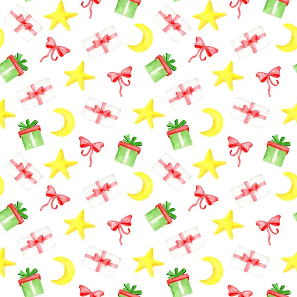 Υδατογραφία αδιάλειπτη μοτίβο με κουτιά δώρου, κορδέλα τόξο, μισό φεγγάρι και αστέρια. Χειροποίητη εικονογράφηση για Χριστούγεννα, Πρωτοχρονιά, εορτασμός γενεθλίων. Επαναλαμβανόμενη υφή απομονωμένη σε λευκό φόντο. — Φωτογραφία Αρχείου