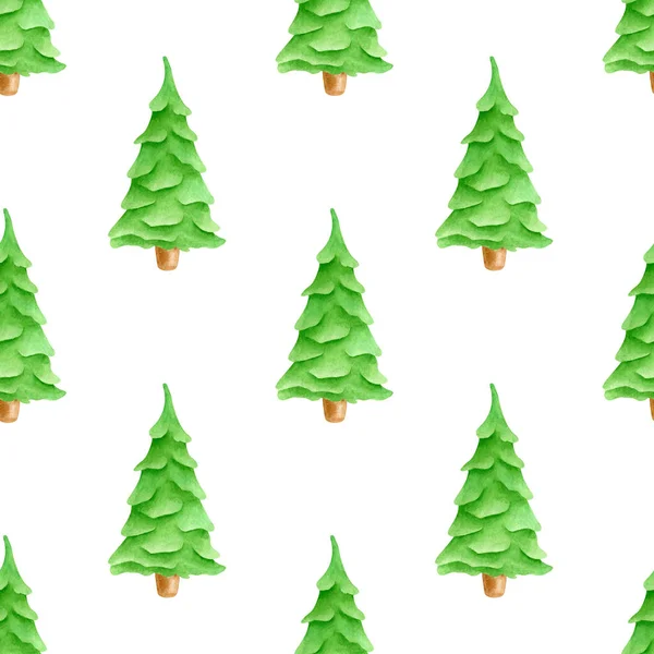 아름다운 녹색 크리스마스 트리가 있는 수 채색 물감없는 패턴. 손으로 그린 상록수 나무 장식은 흰색 배경에 분리되어 있다. 종이를 싸기 위한 삽화, 새해 기념행사 디자인. — 스톡 사진