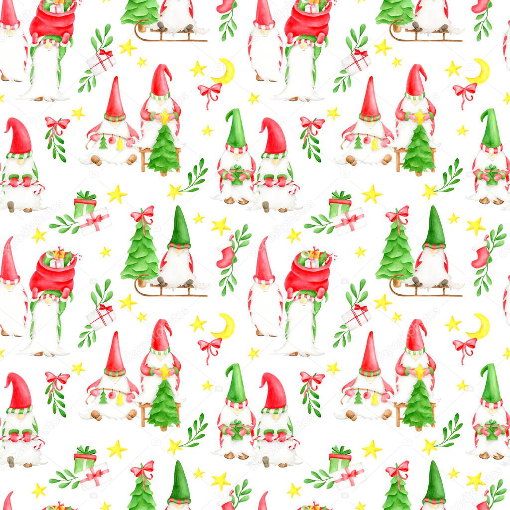 Watercolor seamless pattern with Christmas gnomes. Hand painted cute elves celebrating New year with winter holiday symbols. Christmas tree, sleigh, star, half moon, mistletoe leaves and gifts.