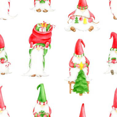 Suluboya Noel cüceleri kusursuz desen. Noel ağacı, hediye paketi ve hediye kutusu olan sevimli elfler. Geleneksel İskandinav kış karakterleri yeni yıl için beyaz zemin üzerinde izole edilmiş xmas dekoru.