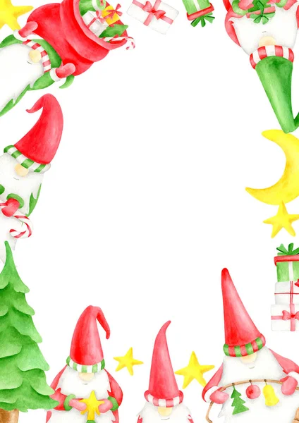 Watercolor frame with Christmas gnomes. Hand drawn cute elves vertical border template with christmas characters isolated on white background for new year cards, xmas decor, poster, print. — Stock Photo, Image
