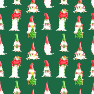 Suluboya Noel cüceleri kusursuz desen. Koyu yeşil arka planda sevimli elfler çiziyor. Noel ağacı, hediye paketi, yeni yıl için hediye kutusu, xmas dekoru, baskı, kartlar, ambalaj..