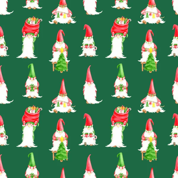 Watercolor Christmas gnomes seamless pattern. Cute elves drawing on dark green background. Fairy characters with Christmas tree, gift bag, gift box for New year, xmas decor, print, cards, wrapping. — Stock Photo, Image