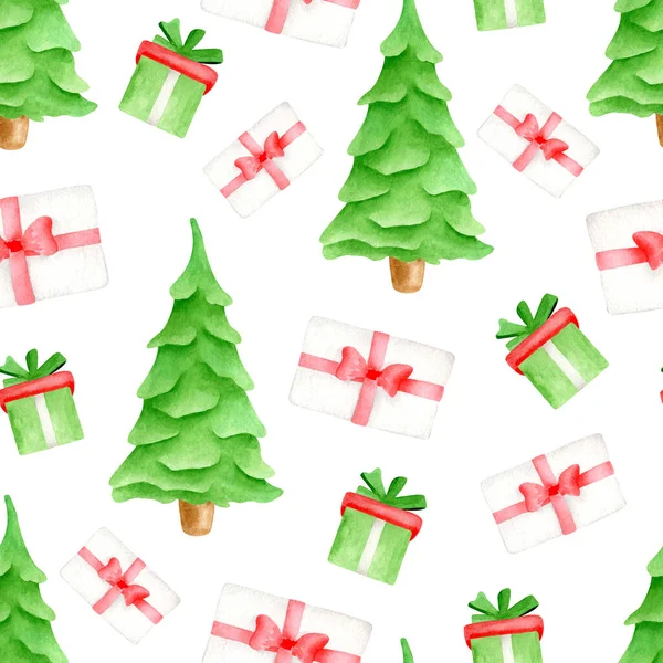 아름다운 녹색 크리스마스 트리와 빨간 리본 리본이 달린 선물 상자가 있는 워터 컬러 물감없는 패턴. 손으로 그린 상록수 나무 장식은 흰색 배경에 분리되어 있다. 새해 디자인. — 스톡 사진