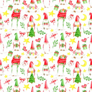 Cüceler, hediye kutusu, kırmızı fiyonk, ökseotu yaprakları, yıldız ve Noel çoraplı suluboya Noel desenleri. Peri parlak illüstrasyon paketleme, yeni yıl dekorasyonu, baskı tasarımı için beyaza izole.