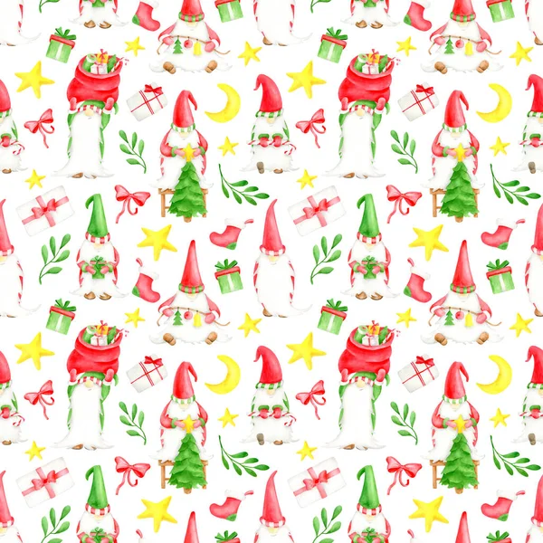 Watercolor Christmas seamless pattern with gnomes, gift box, red bow, mistletoe leaves, star and christmas sock. Fairy bright illustration isolated on white for wrapping, New year decor, print design. — Stock Photo, Image