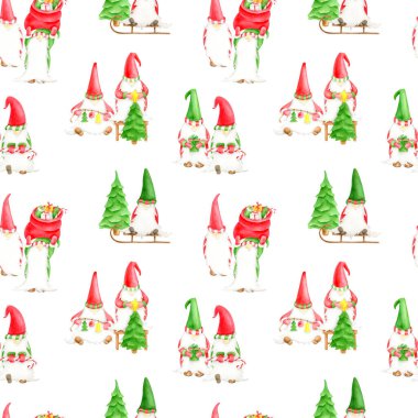 Noel cüceleriyle sulu boya desenleri. Yeni yılı Noel ağacı, kızak ve hediyelerle kutlayan sevimli elfler. Koleksiyon defteri kağıdı, ambalaj, kış ambalajı için tasarım.