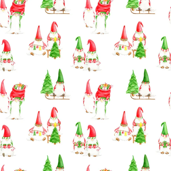 Wzór bezszwowy akwarela z świątecznymi krasnalami. Ręcznie malowane słodkie elfy świętujące Nowy Rok z choinką, saniami i prezentami. Projekt na papier do scrapbookingu, opakowanie, opakowanie zimowe. — Zdjęcie stockowe