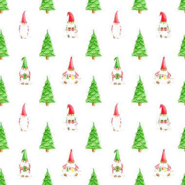 Noel cüceleri ve Noel ağaçlarıyla suluboya desenli. Sevimli çocuksu elf karakteri ve beyaz arkaplanda izole edilmiş köknar ağacı, kartlar, xmas baskısı.