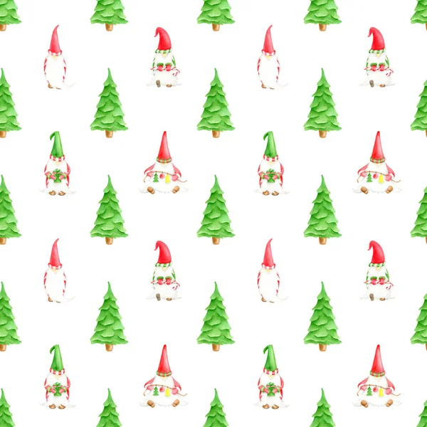 Hand painted watercolor seamless pattern with Christmas gnomes and Christmas trees. Cute childish elf character and evergreen fir tree isolated on white background for wrapping, cards, xmas print. — Stock Photo, Image