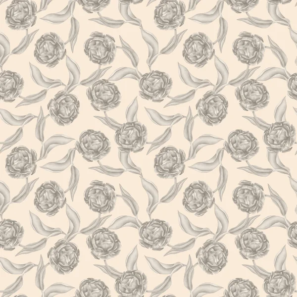 Seamless pattern with monochrome flowers and leaves. Hand drawn peonies and roses, floral branches on beige background. Botanical texture for wallpaper, print, invitations, banners, cards, wrapping.