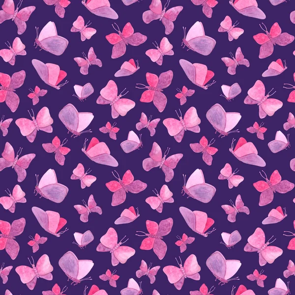 Aquarell nahtloses Muster mit rosa Schmetterlingen. Handgemalte Fee Schmetterling Textur auf dunklem Hintergrund. Romantisches Design zum Valentinstag, Textilien, Karten, Dekoration. — Stockfoto