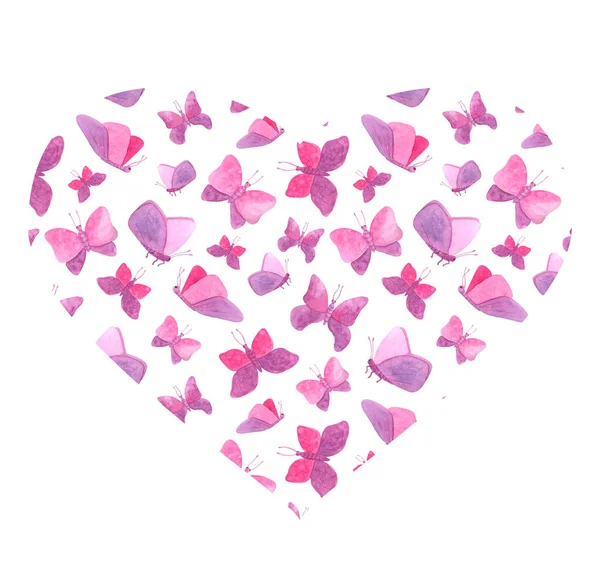 Watercolor butterflies in heart shape. Hand drawn pink butterfly arrangement for Valentines Day, baby shower, Birthday cards, textile print, greeting card, romantic decoration. — Stock Photo, Image