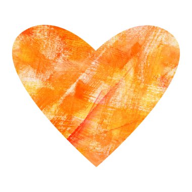 Kağıt desenli suluboya turuncu kalp. Sevgililer Günü, kartlar, dekorasyon için beyaz arkaplanda el yapımı kalp çizimi izole edilmiş..