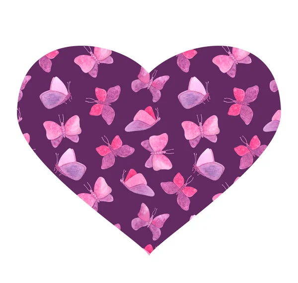 Farfalle ad acquerello a forma di cuore. Cuore viola farfalla rosa disegnato a mano isolato su bianco per San Valentino, baby shower, biglietti di compleanno, stampa tessile, biglietto di auguri, decorazione romantica. — Foto Stock