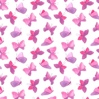 Pembe kelebekli suluboya desenli. Beyaz arka planda el yapımı kelebek dokusu izole edilmiş. Sevgililer Günü için romantik tasarım, tekstil, kartlar, dekorasyon.