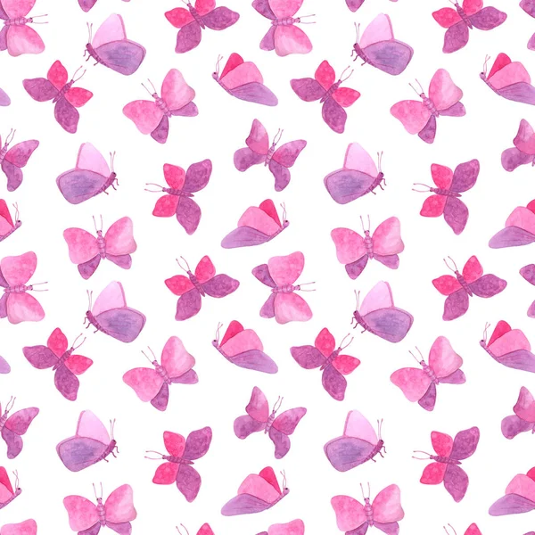ピンク蝶と水彩シームレスパターン。白い背景に隔離された手描きの妖精蝶の質感。バレンタインデー、テキスタイル、カード、装飾のためのロマンチックなデザイン. — ストック写真