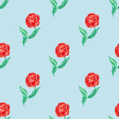 Suluboya güller ve pürüzsüz desenler. Açık mavi arka planda şakayık çiçekleri. Minimalist foral doku tasarımı. Tekstil, çarşaf, ambalaj, kartlar için güzel botanik çizimleri