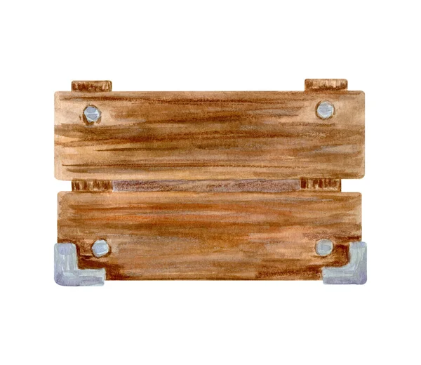 Watercolor Wooden Box Hand Drawn Wood Container Brown Planks Nails — Stock Photo, Image