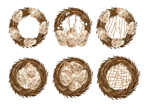 Set of watercolor Easter wreaths with quail eggs and pussy willow branches. Hand painted quail eggs in nest isolated on white background. Easter spring symbol and decoration for cards, scrapbooking. — Foto de Stock