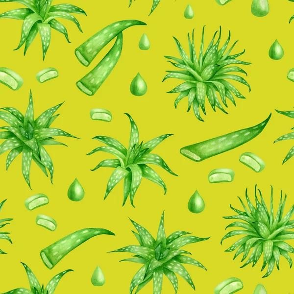 Aquarell Aloe Vera nahtloses Muster. Von Hand gezogene frische saftige Kräuter, Aloe-Saft-Tropfen, Blattscheiben auf leuchtend gelbem Hintergrund. Botanisches Design für Kosmetik, Verpackung, Design. — Stockfoto