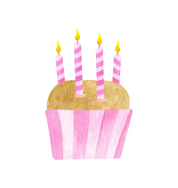 Aquarell Geburtstagstorte Mit Vier Kerzen Handgezeichneter Niedlicher Keks Cupcake Rosa — Stockfoto