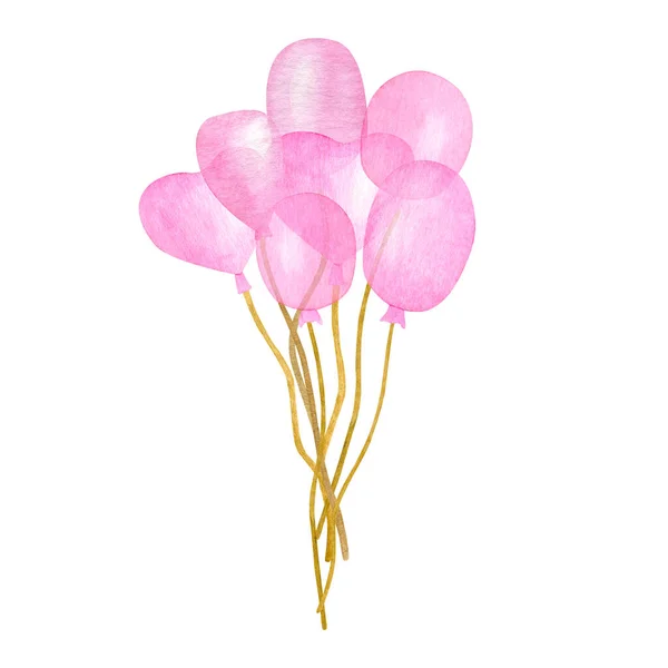 Globos de color rosa acuarela. Ramo dibujado a mano de globos de aire lindo para niños, fiesta de cumpleaños de niña, baby shower, fiesta. Clipart decorativo aislado sobre fondo blanco. —  Fotos de Stock