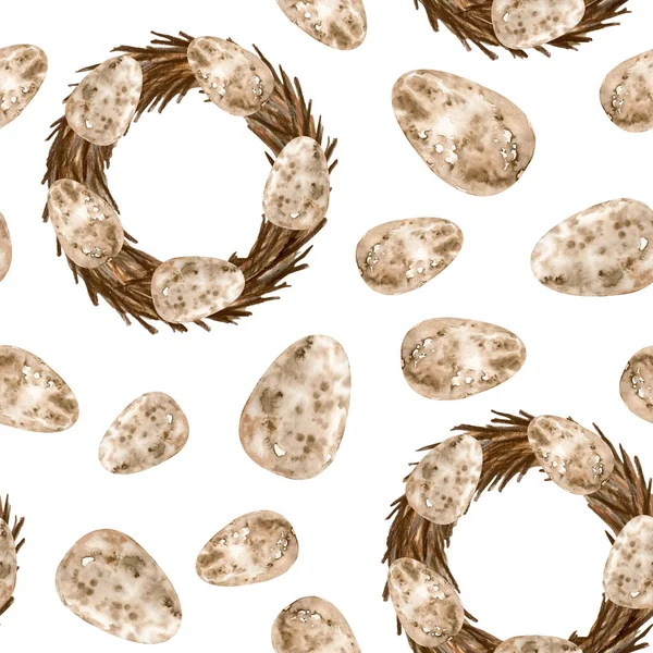 Watercolor Easter seamless pattern with wreath and quail eggs. Hand drawn small speckled dotted eggs with bare branches nest isolated on white background. Spring Easter decoration for cards, scrapbook —  Fotos de Stock