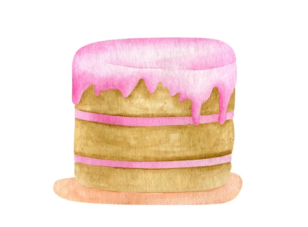 Watercolor biscuit cake with pink glaze. Hand painted dessert ilustration isolated on white background for cards, decoration, banner. — 图库照片