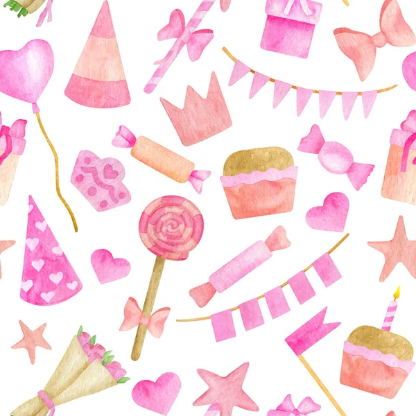 Watercolor girl birthday party seamless pattern. Hand drawn pink party hat, cake wth candle, candy, crown, gift box, flower bouquet, garland, lollipop, ribbon bow. Cute Happy Birthday background. — Stock Photo, Image